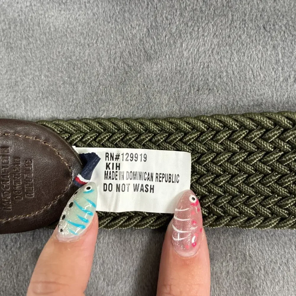 Tommy Hilfiger Web Braided Belt Small Green Stretch Leather Trim Silver Buckle